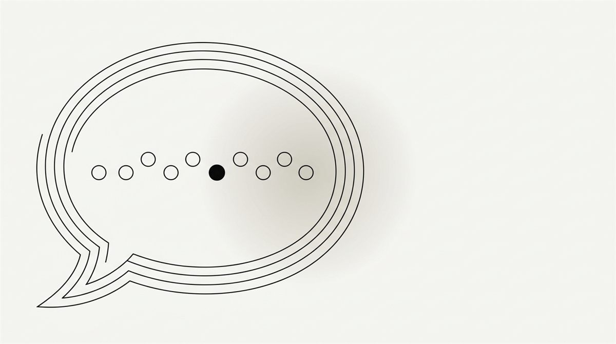 Abstract illustration: a speech bubble containing a row of small circles, one of them solid black.